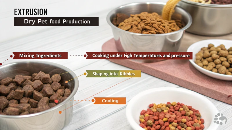 Infographic detailing the extrusion process for dry pet food production