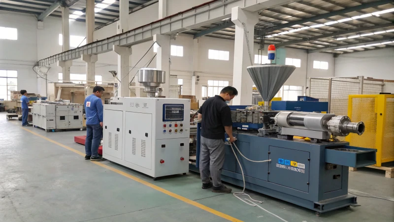 Interior of a factory showcasing single and twin screw extruders