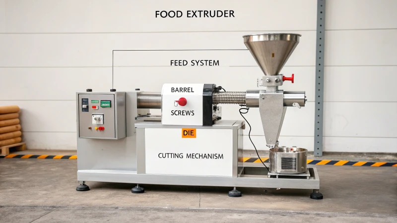 Diagram of a food extruder with labeled components