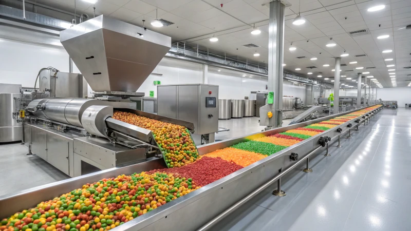 A state-of-the-art food extrusion machine producing colorful food pellets