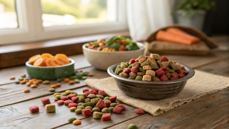 Premium freeze-dried pet food on a rustic wooden table