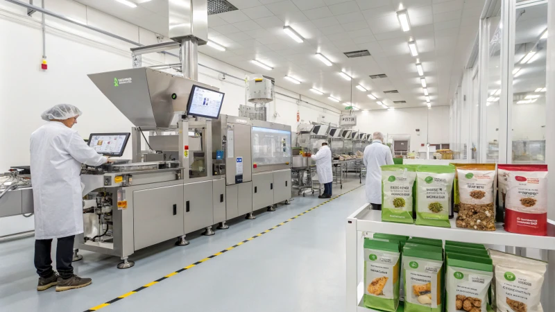 Futuristic pet snack production facility with automated machinery