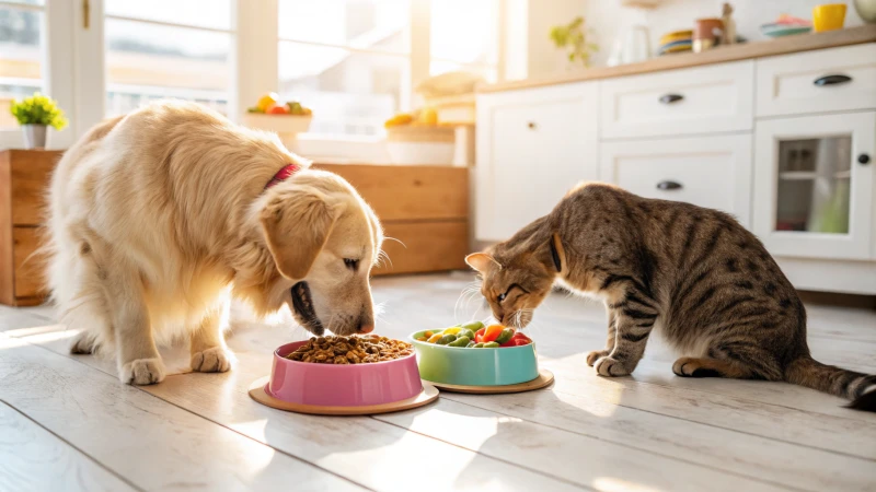 A golden retriever and a tabby cat in a bright kitchen eating pet food.