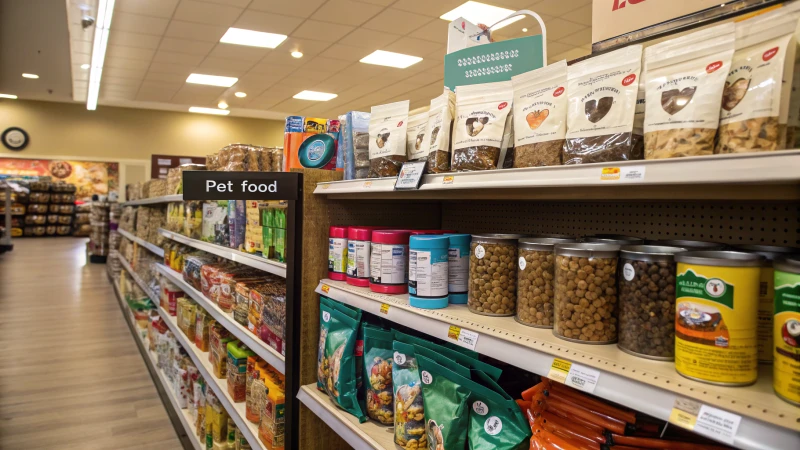 A grocery store shelf filled with various pet food products