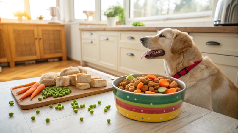 A happy dog enjoying homemade dog food in a bright kitchen