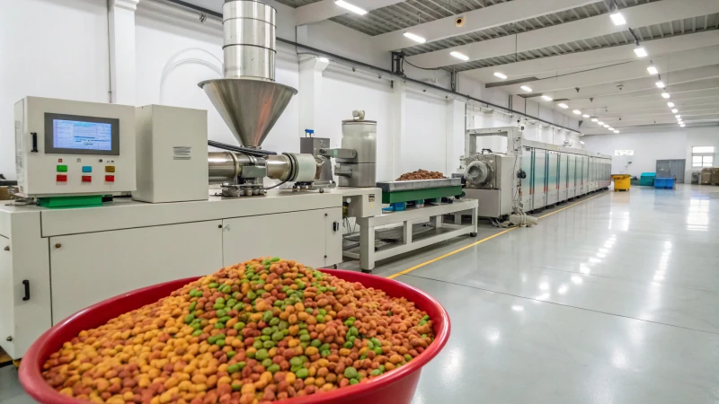 High-tech extruder machine in a pet food manufacturing facility