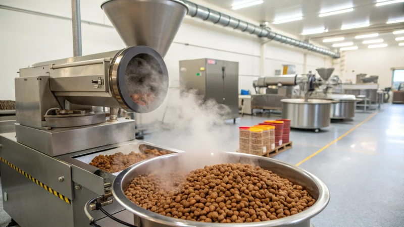 High-tech extrusion machine producing pet food pellets