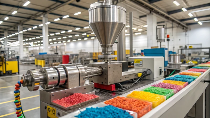 A high-tech industrial extruder in a busy manufacturing facility