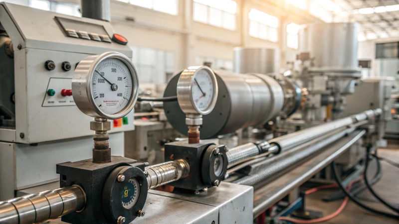 Industrial extrusion machine with temperature control gauges in a factory setting