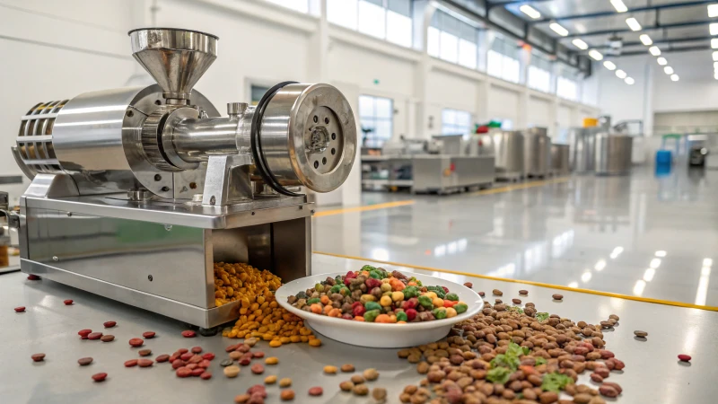 A high-tech industrial pet food extruder in a factory