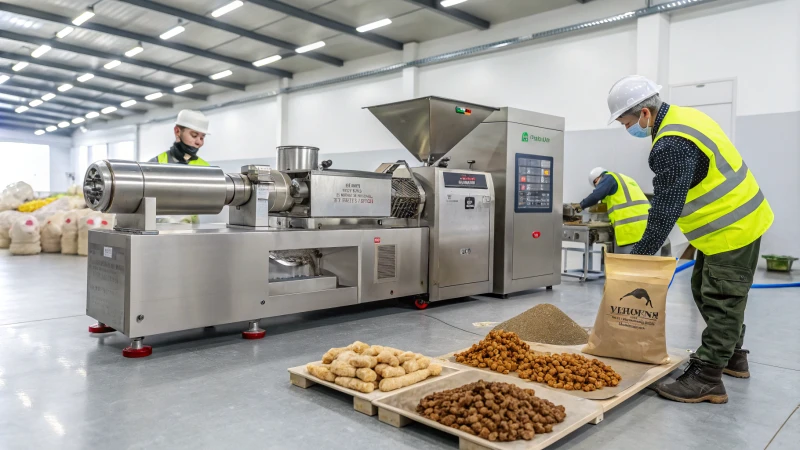 A modern industrial setting with a high-tech pet food extruder machine and workers