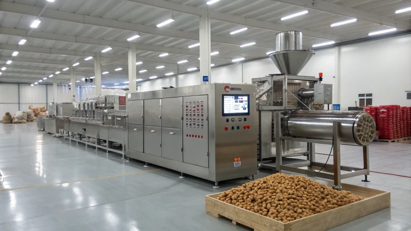 A high-tech pet food extruder machine in a manufacturing facility