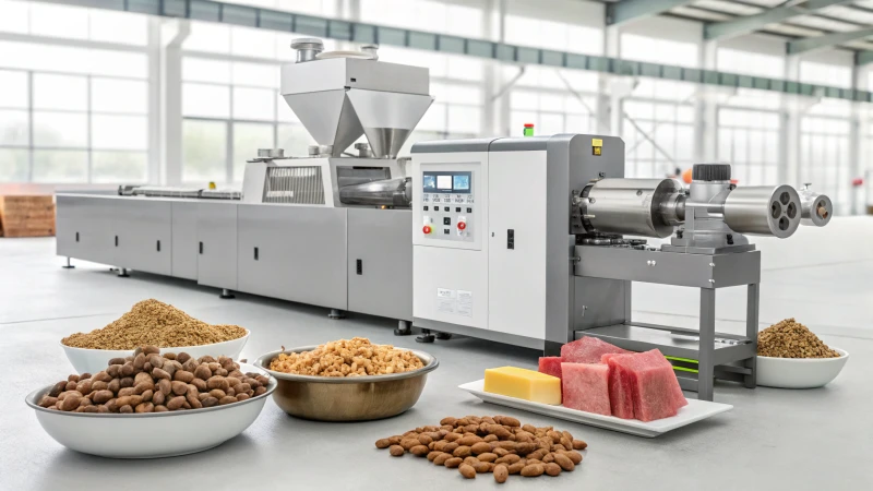 High-tech pet food extruder in a modern manufacturing facility