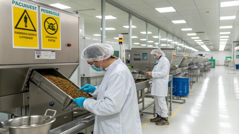 Workers in a pet food manufacturing facility