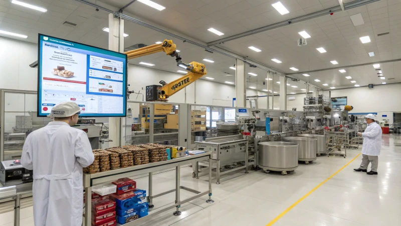 A high-tech pet food manufacturing facility with robotic arms and workers in lab coats