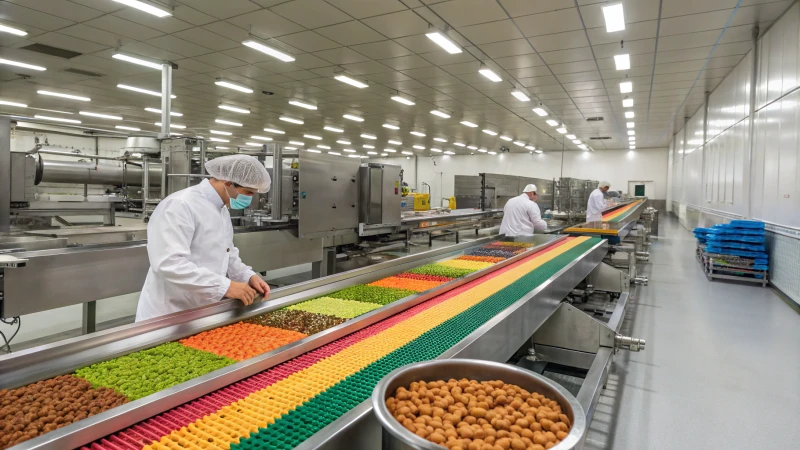 High-tech pet food processing line with colorful kabobs