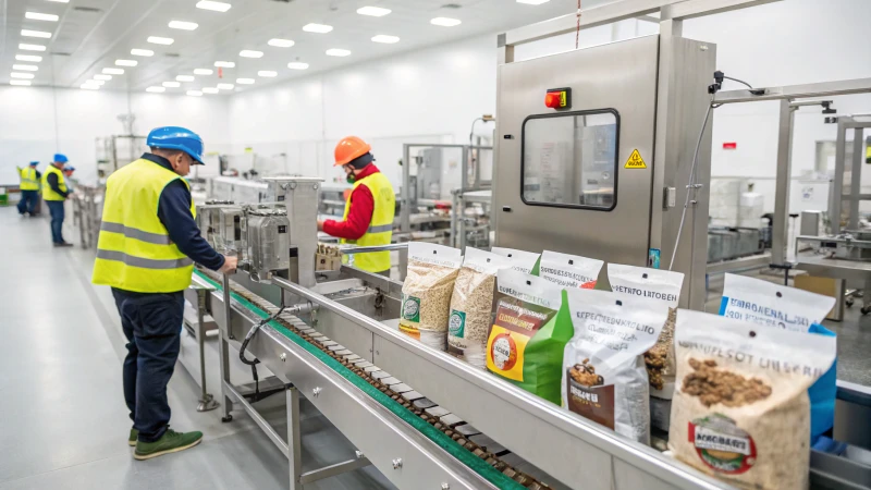 A modern pet food production facility with workers in safety gear