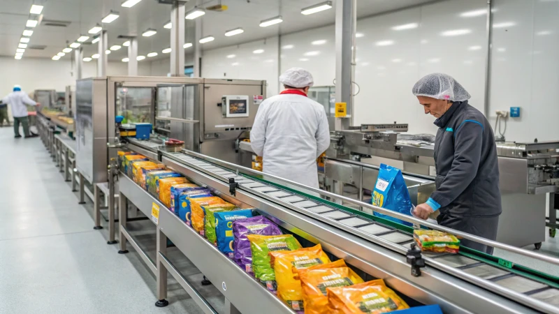 A modern pet food production line with advanced machinery and workers