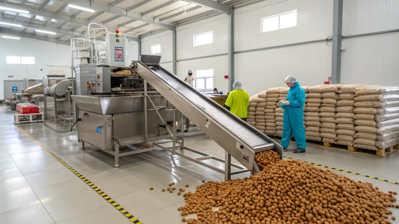 A large industrial dog food extruder in a factory setting