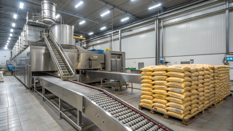 A large industrial dryer in a pet food manufacturing facility