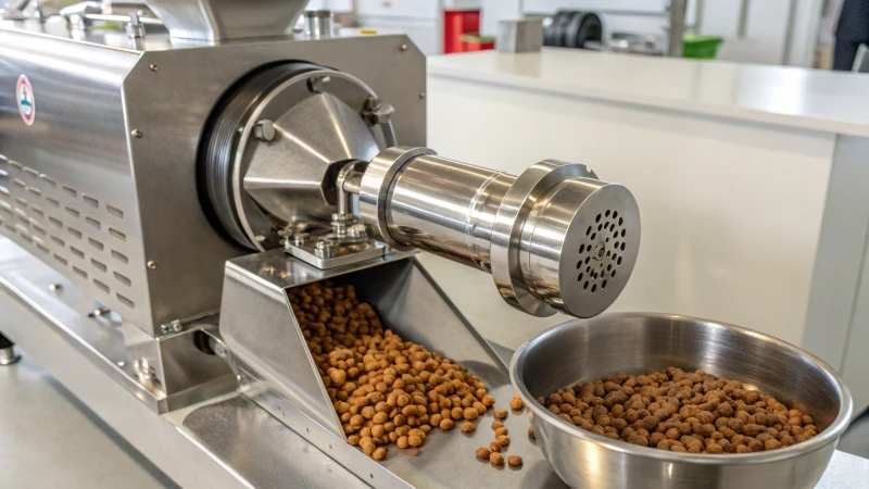 A close-up view of an industrial extruder machine for pet food production