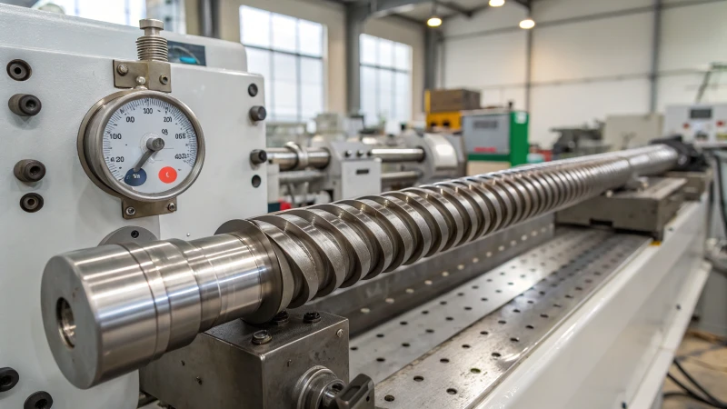 Close-up of an industrial extruder machine with visible components