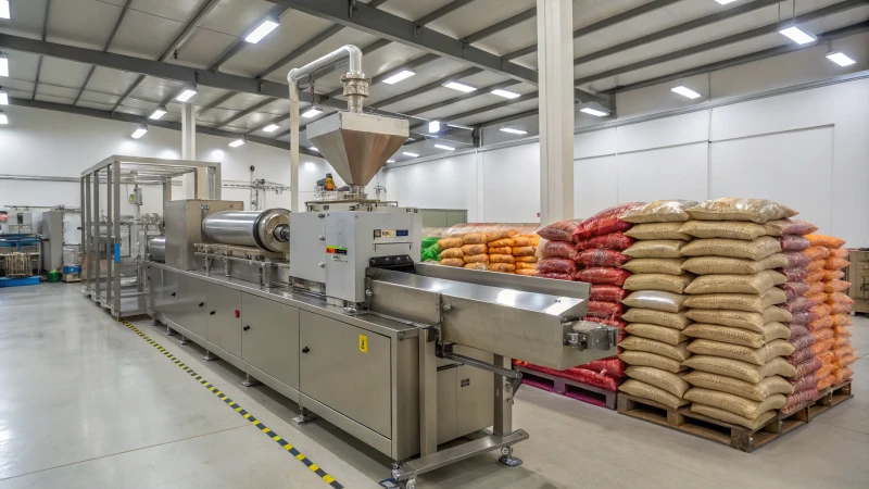 Photorealistic image of an industrial extruder machine in a pet food production facility