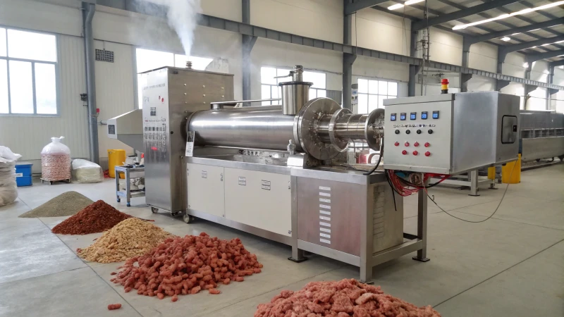 Industrial extruder machine in a pet food production facility