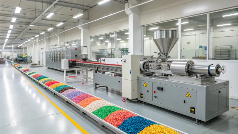 A high-tech industrial extruder processing materials in a manufacturing plant