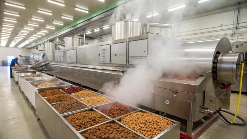 Industrial extruder machine in a pet food facility