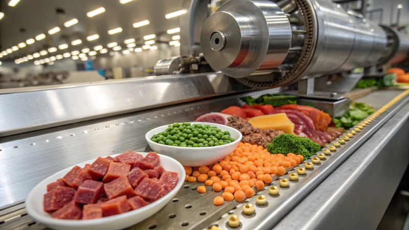 Close-up of an industrial extruder processing pet food