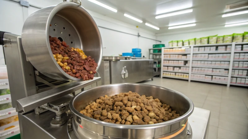 An industrial mixer blending pet food ingredients in a production facility.