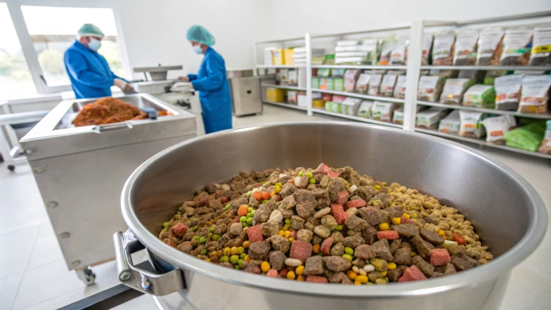 A large industrial mixer filled with pet food ingredients in a bright manufacturing facility.