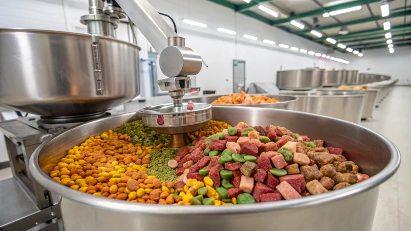 Industrial mixer in a modern pet food production facility