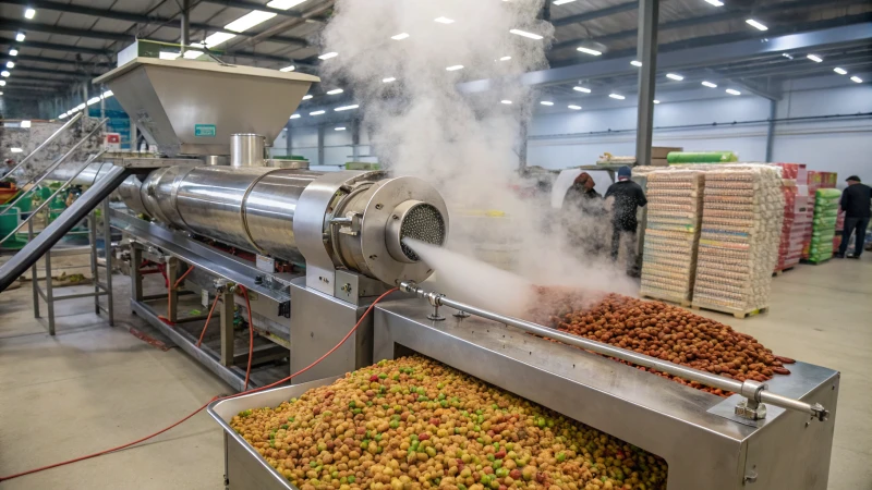 A busy factory with a large pet food extruder