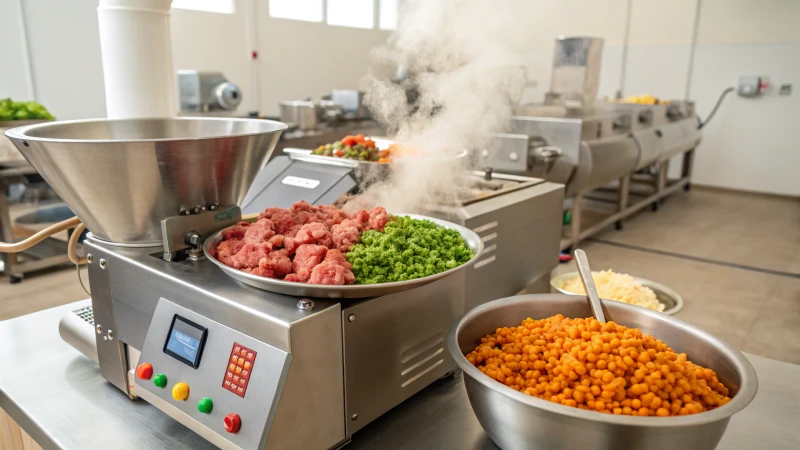 A modern industrial pet food extrusion machine in a factory