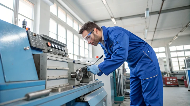 A technician in blue coveralls working on an industrial machine