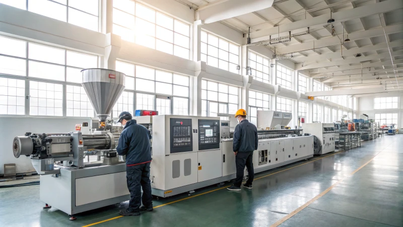 A large industrial extruder in a bright manufacturing facility