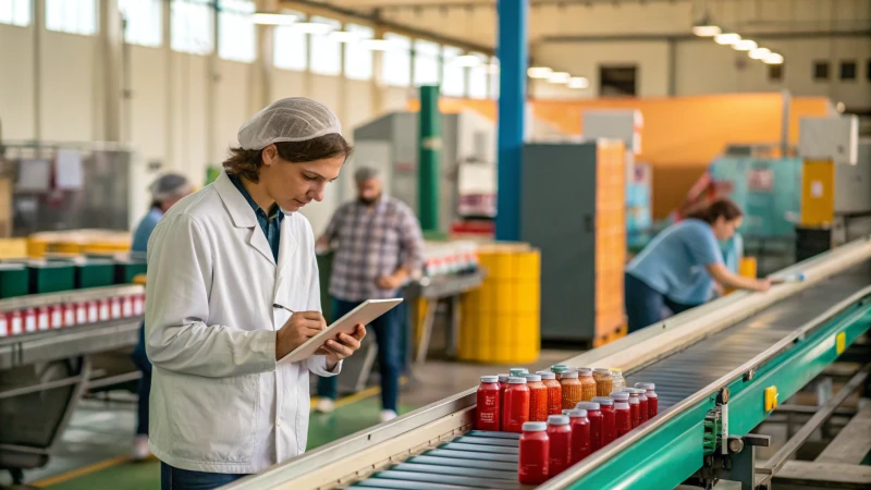 Quality control inspector examining products on a conveyor belt in a manufacturing facility.