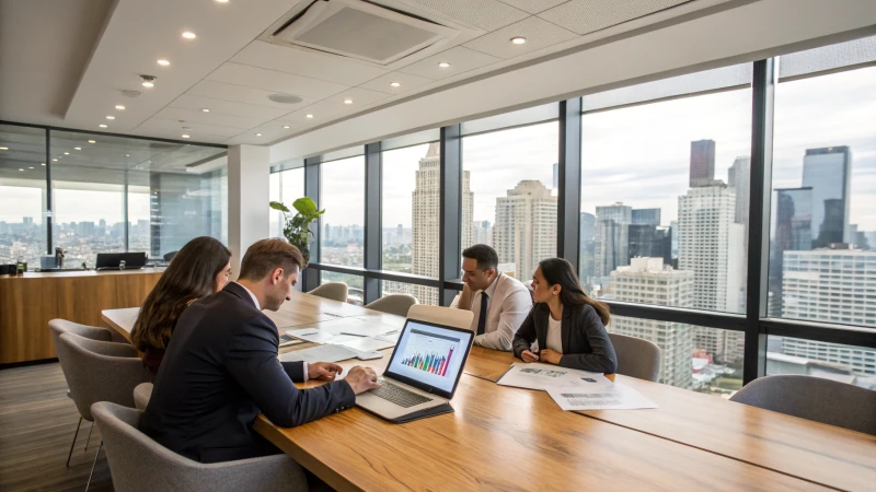 A modern conference room with business professionals analyzing data.