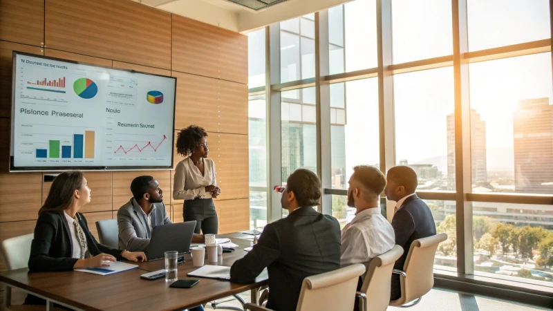 A diverse group of professionals in a modern conference room discussing consumer behavior analysis with colorful graphs on a large screen.