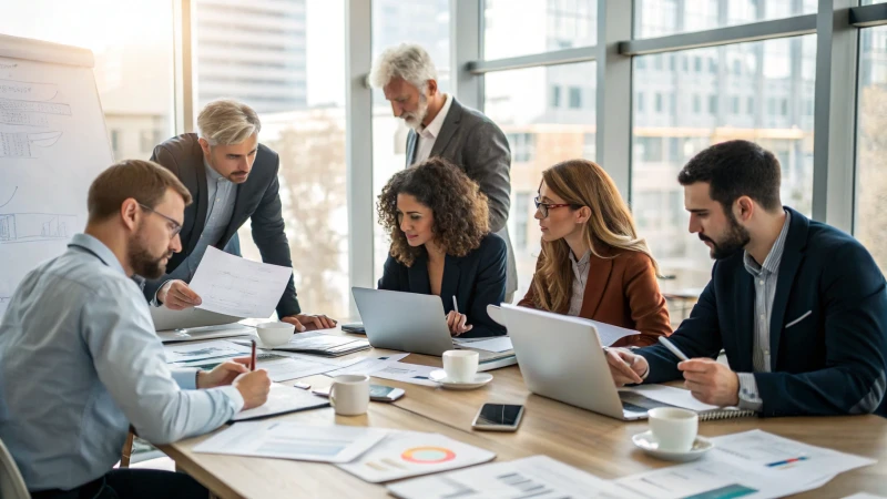 Diverse professionals in a modern conference room discussing compliance