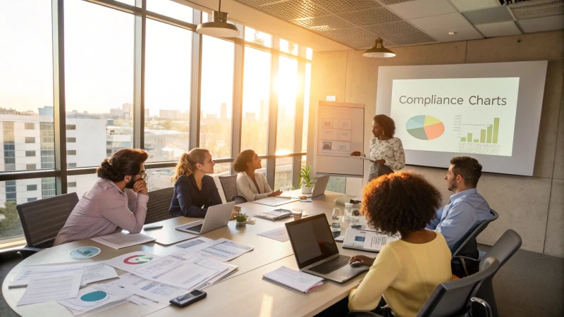 Um grupo diversificado de profissionais numa sala de reuniões de uma empresa a discutir estratégias de conformidade.