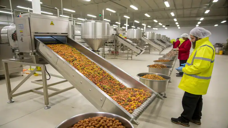 Inside a modern dog food manufacturing facility with stainless steel mixers and workers in safety gear