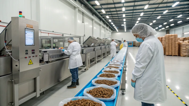 Workers in a dog food manufacturing facility