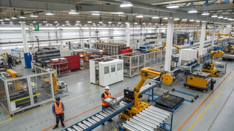 A bustling modern factory floor with advanced machinery and workers