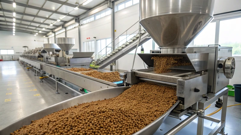 A fish feed pellet machine in operation with pellets falling onto a collection area.