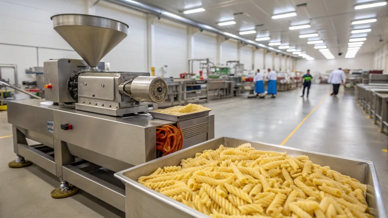 Interior de una moderna instalación de procesamiento de alimentos con extrusoras