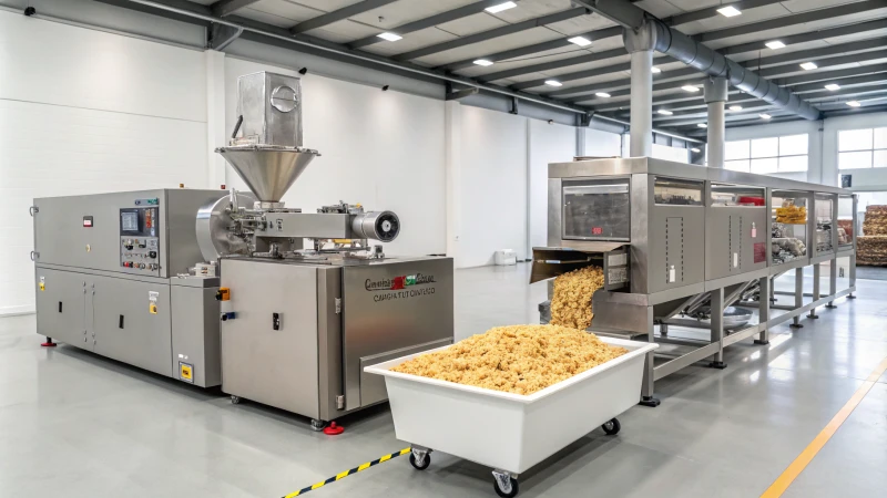 A modern food production facility with single and twin screw extruders in operation.