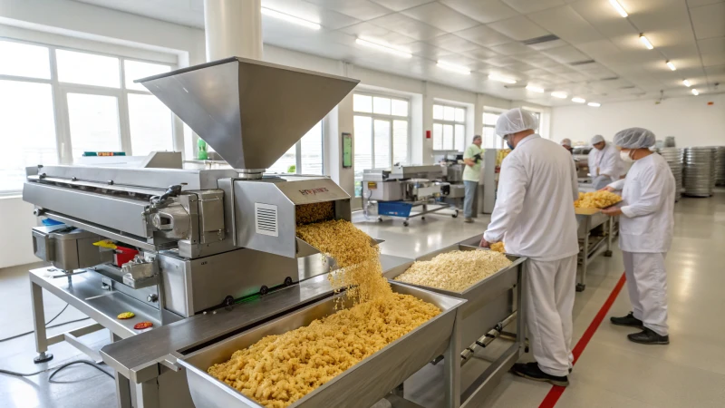 A modern food production facility with a high-tech food extruder